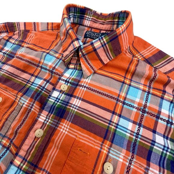 Polo Ralph Lauren Plaid Shirt Mens Large Orange Plaid Western Geometric - Picture 1 of 11